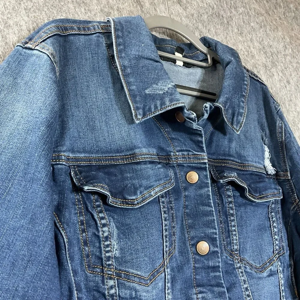 Lane Bryant Denim Jacket Womens 24 Blue Distressed Stretch Button Front Pockets
